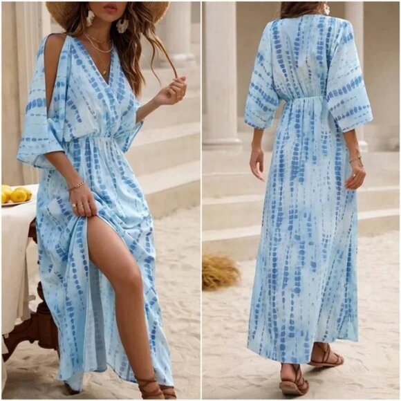 Boho Style Tie dye Cut out Sleeve thigh slit Maxi Dress BLUE - Picture 4 of 8